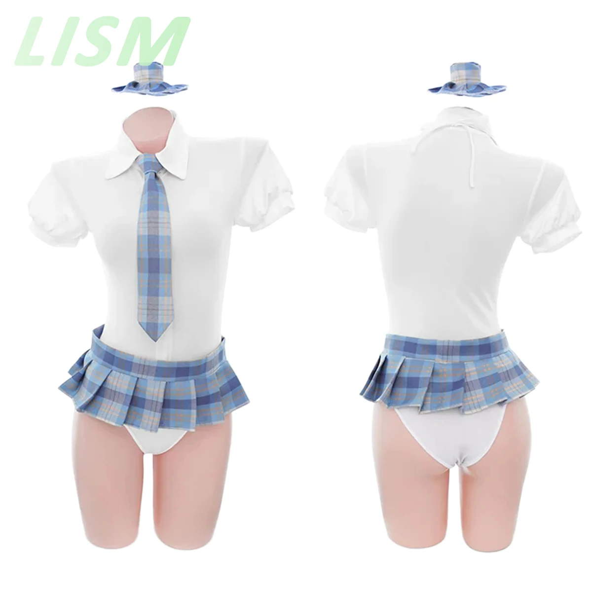 

LISM Sexy Plaid Schoolgirl Lingerie Set Sheer Top Ruffled Mini Skirt with Tie Headband Roleplay Outfit for Women