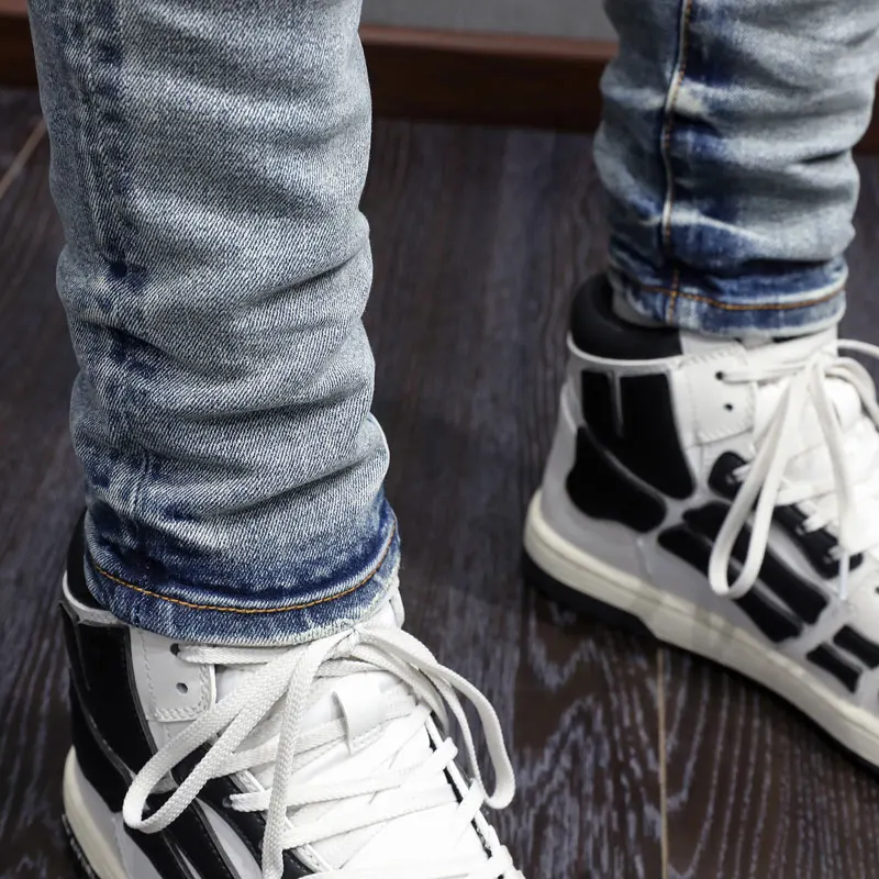 Designer High Street Fashion New Men's Jeans Stretch Slimming Splice Leather Jeans Washed Blue Hip Hop Brand Pants Hombre