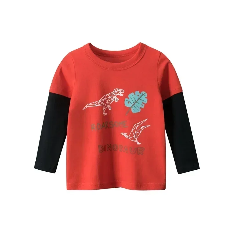 2025 Spring Autumn New Cartoon Dinosaur T Shirt Boys Letter Print Children's T-Shirt Long Sleeve O-Neck Cotton Kids Tops 2-9Y