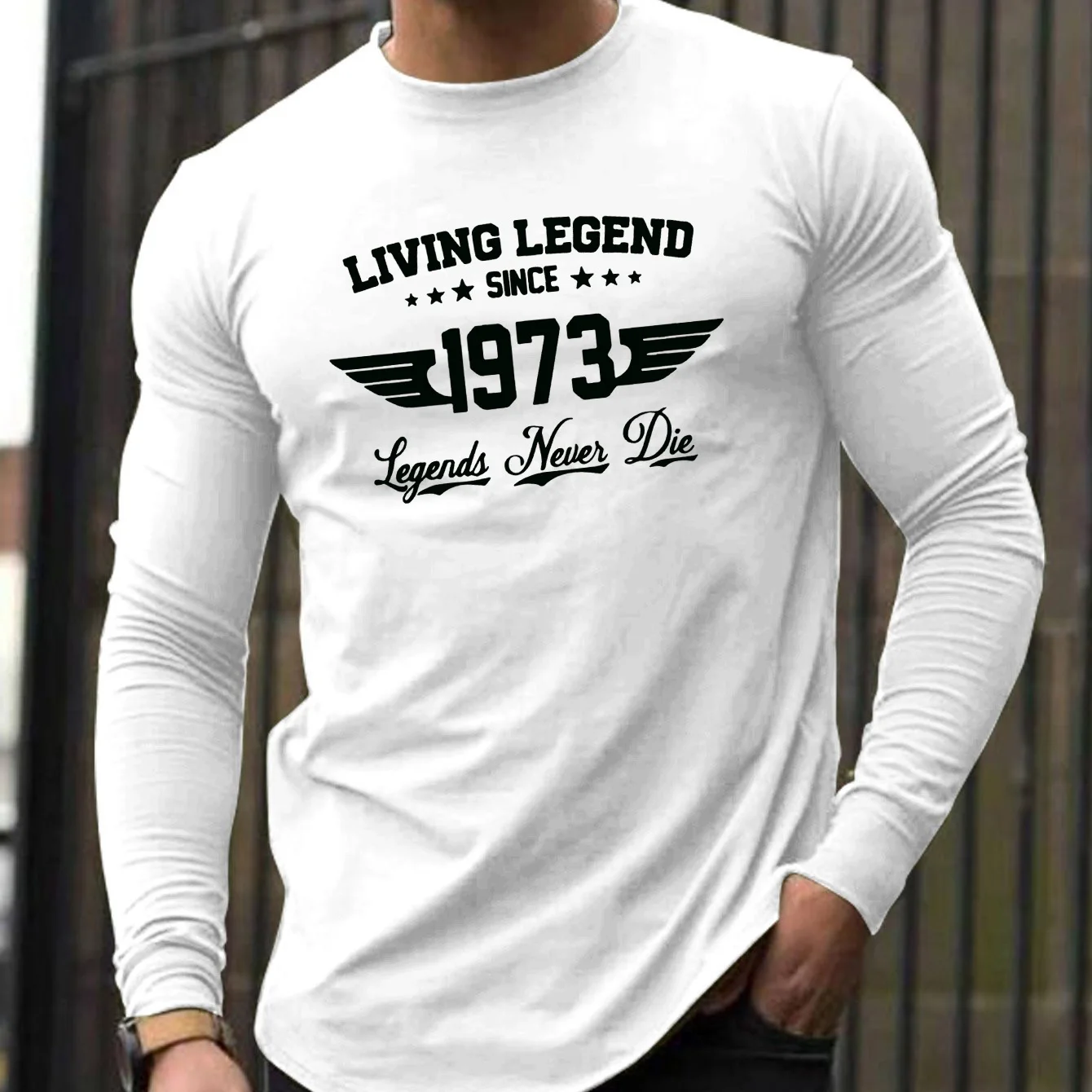Men's 100% pure cotton loose fit comfortable casual sports SINCE1973 pattern printed round neck long sleeved T-shirt top view 2