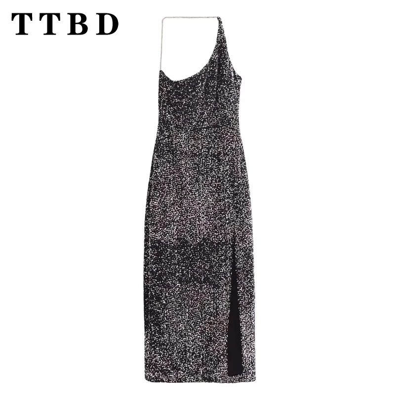 TTBD 2024 Autumn New Female Glamorous Halter Collar Midi Skirt Dress Elegant Woman's Sleeveless Top Regular Fit Sequins Dresses