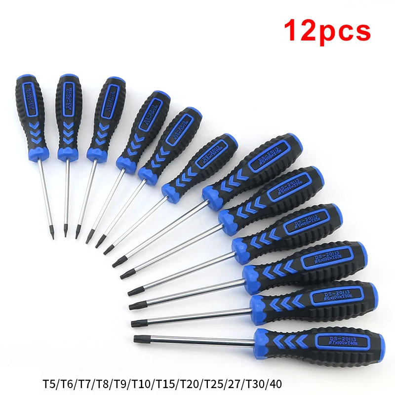 12pcs Chrome vanadium steel Torx Screwdriver Set with Hole Magnetic T5-T40 Screw Driver Set Kit for Telephone Repair Hand Tool