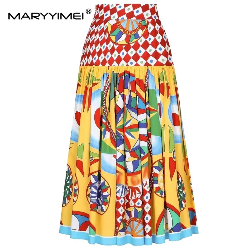 MARYYIMEI Summer Fashion Designer Print Cotton Skirt Women\'s High Waist Ruched Holiday Casual A-LINE Mid Skirt