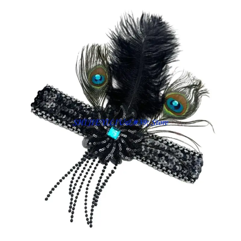

E21F Натуральный страусиный перо павлина Эластичный ободок для волос с блестящей бахромой Удобный эластичный головной убор для