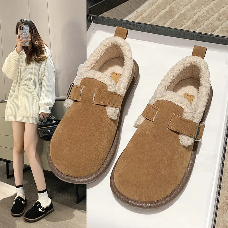 Winter Retro Women's Lamb Wool Shoes Warm Fur Flat Loafers Women Outdoor Waterproof Ankle Boots Lazy Moccasin Driving Shoes