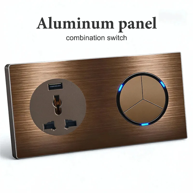 Coffee Color Aluminum Brushed Wall Switch & Socket Panel, 1/2/3/4/5 Gang Integrated Design, Modern Metal Home Electrical Series
