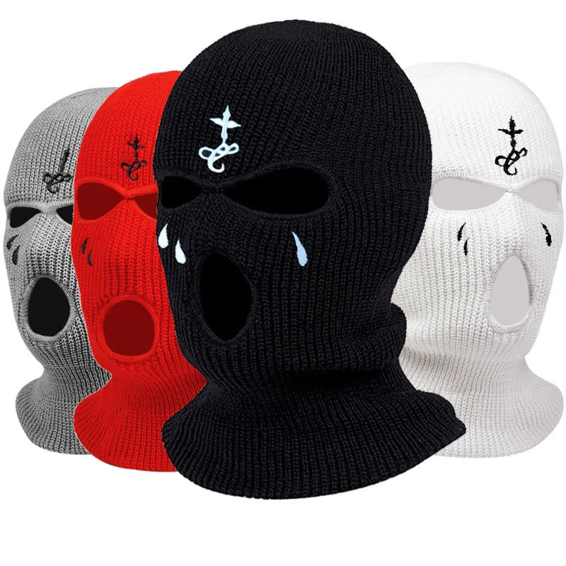2025 Cross Embroidery Ski Mask Winter Balaclava Hat 3-Hole Knitted Full Face Cover Neck Gaiter Warm Beanie for Outdoor Sport