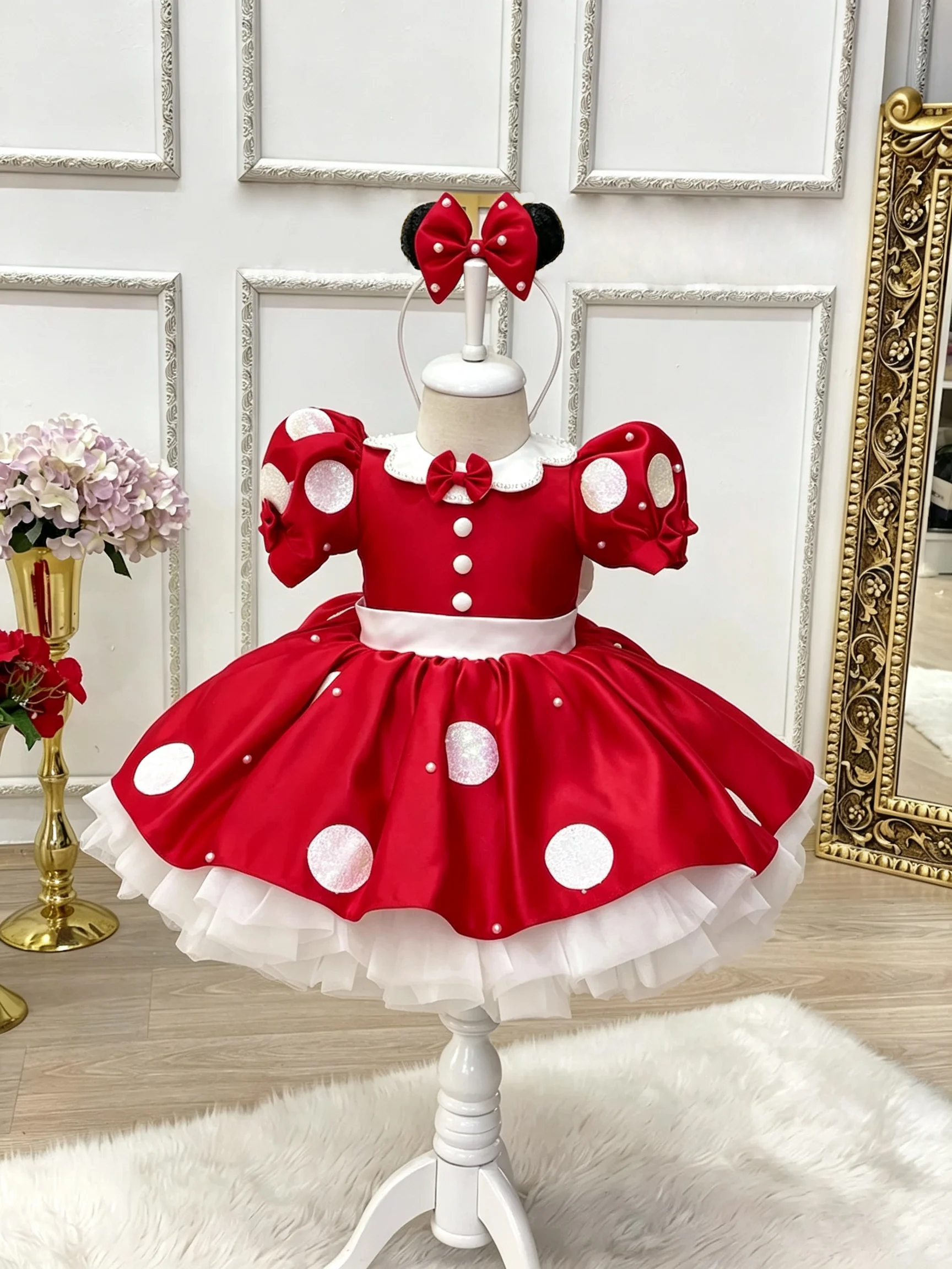 Summer Baby Girl Red Satin Lolita Princess Dress With Headband Toddler 1st Birthday Party Photography Costume Eid Christmas B663
