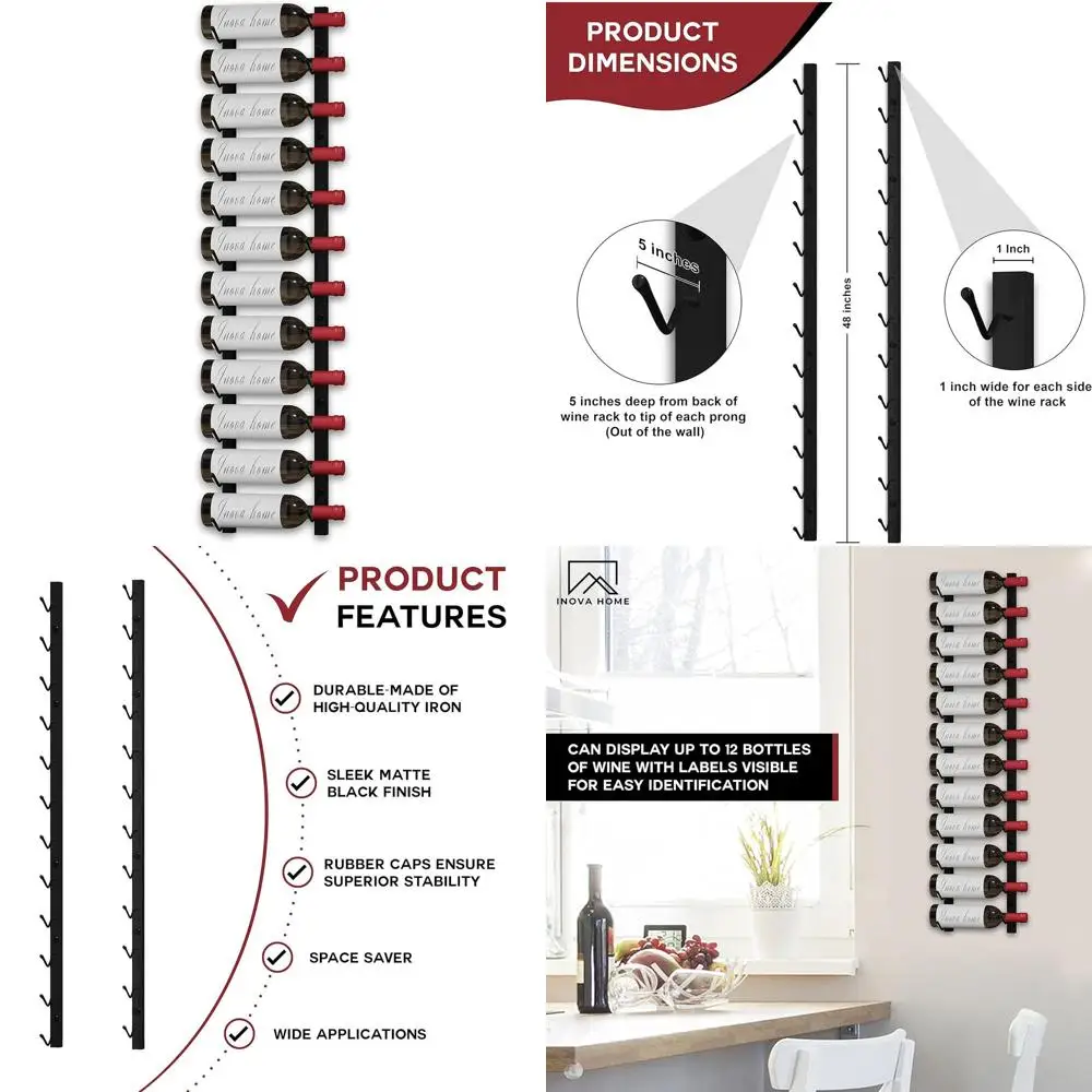 

Elegant Black 12-Bottle Wall-Mounted Wine Rack - Metal, Home Bar Storage, Includes Mounting Hardware