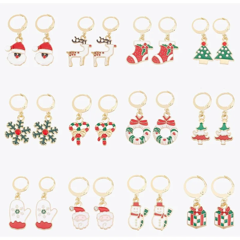 

12 Pairs Christmas Earrings Set Leverback Earring Set Winter Xmas Tree Hoop Earrings Gold Fashion Earrings for Women Adults