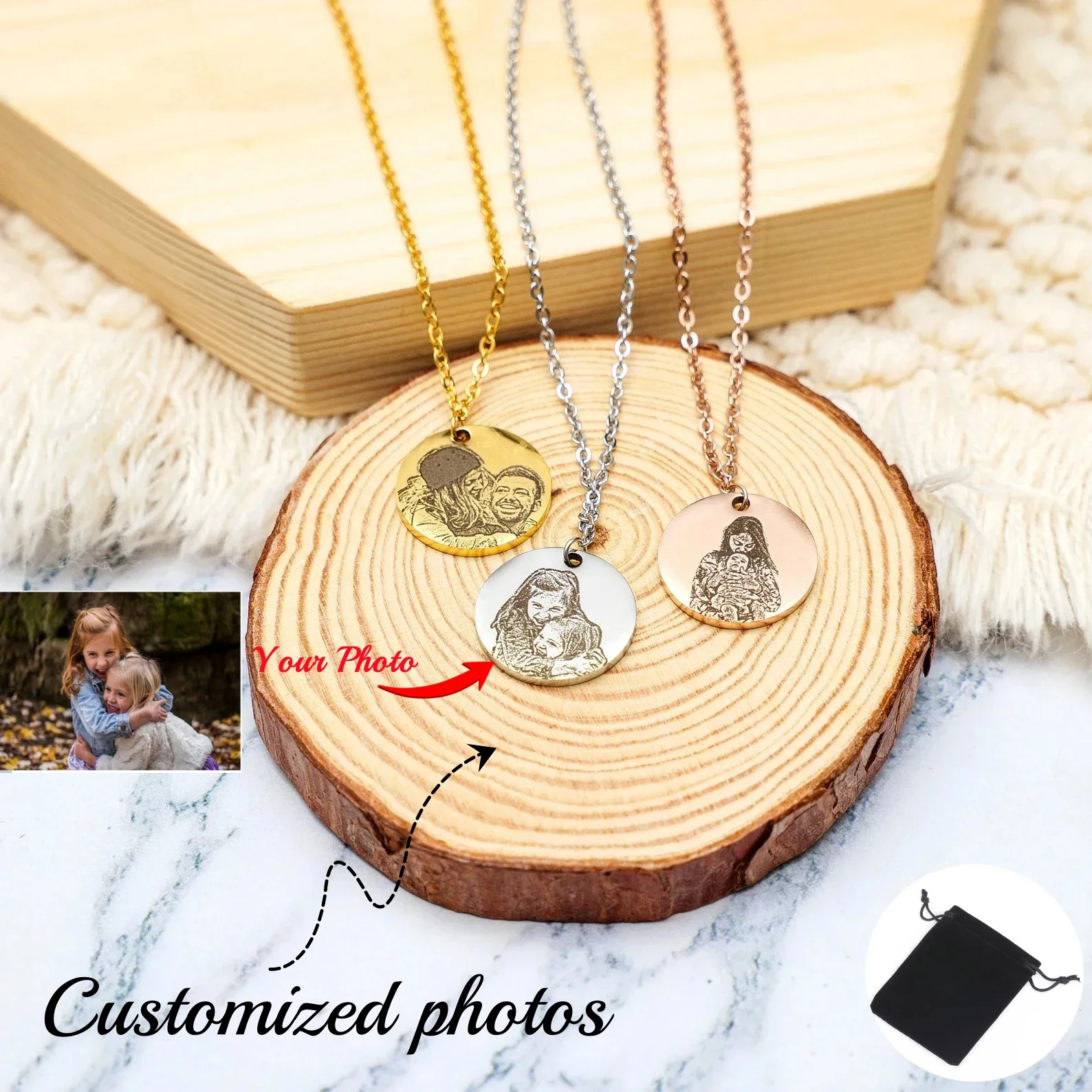 Customized photo necklace stainless steel circular personali