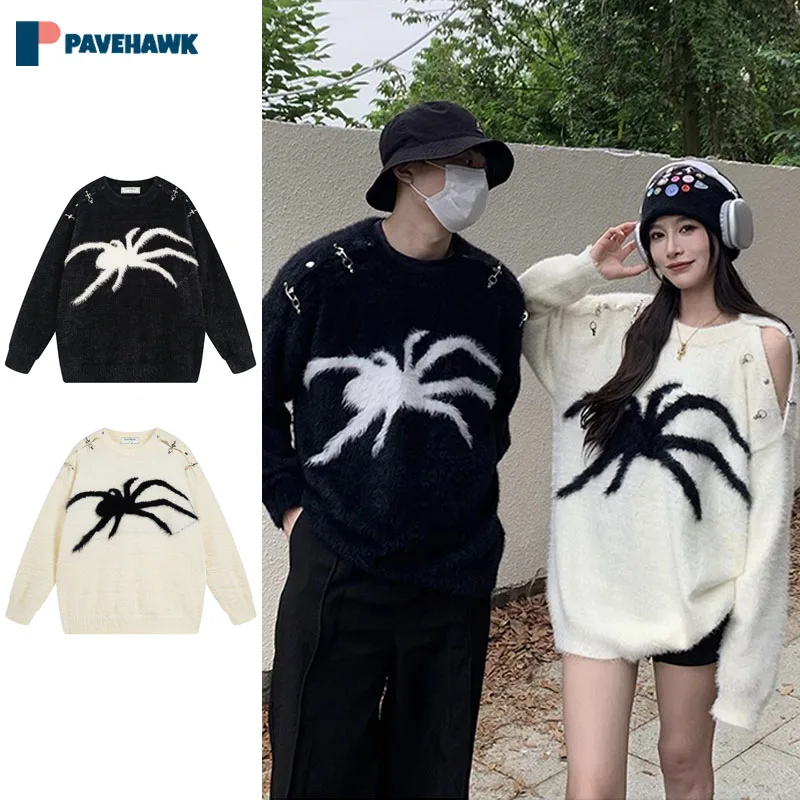 

Y2k Gothic Japanese Vintage Sweaters Man Woman Spider Jacquard Knitted Pullover Metal Buckle Design Oversize Knit Jumpers Couple