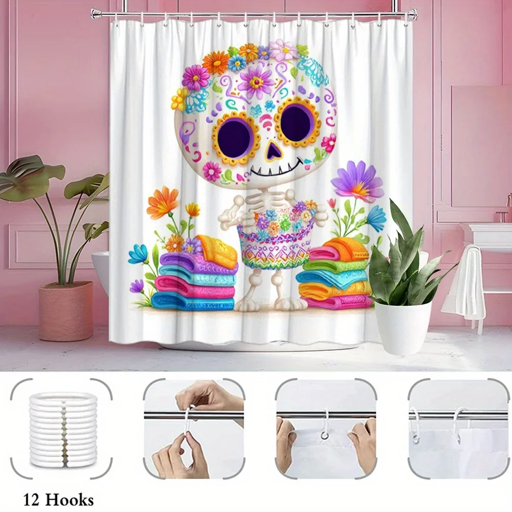 Day of the Dead Shower Curtain Cute Sugar Skull Waterproof Fabric Bathroom Decor Colorful Floral Skeleton Bath Screen With Hooks
