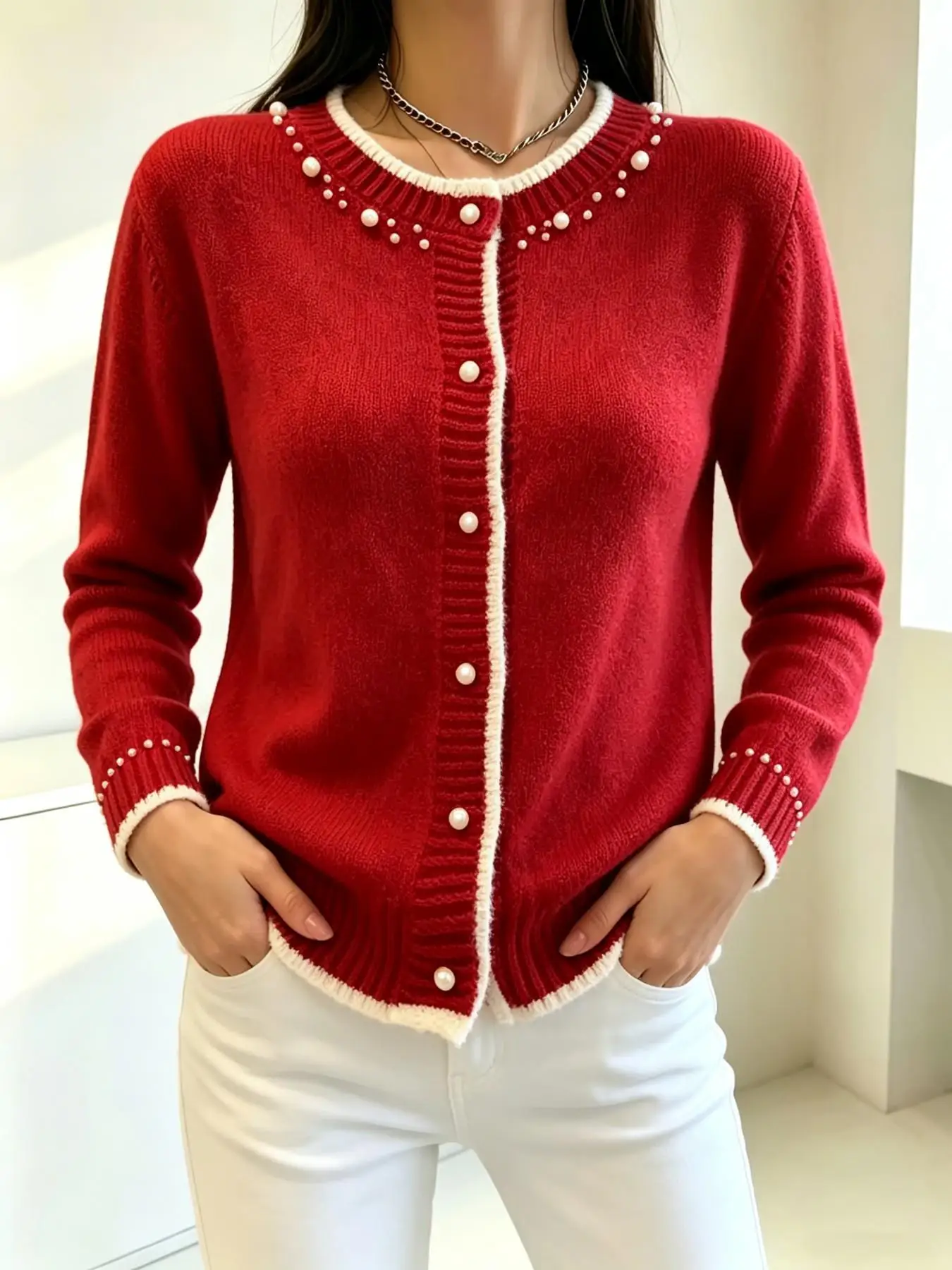 Women Pearl Decor Knit Cardigan Contrast White Trim Round Neck Long Sleeve Single Breasted Fall Winter Elegant Ladies Knitted Sw