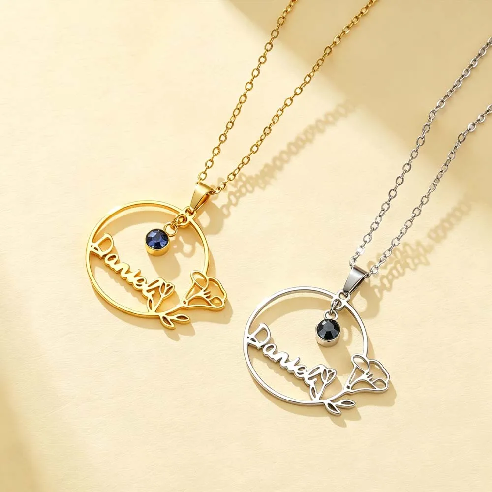 Flower Birthstone Custom Necklace Name Personalized Pendant Birthday Gift For Women Men Couple Stainless Steel Chain Jewelry