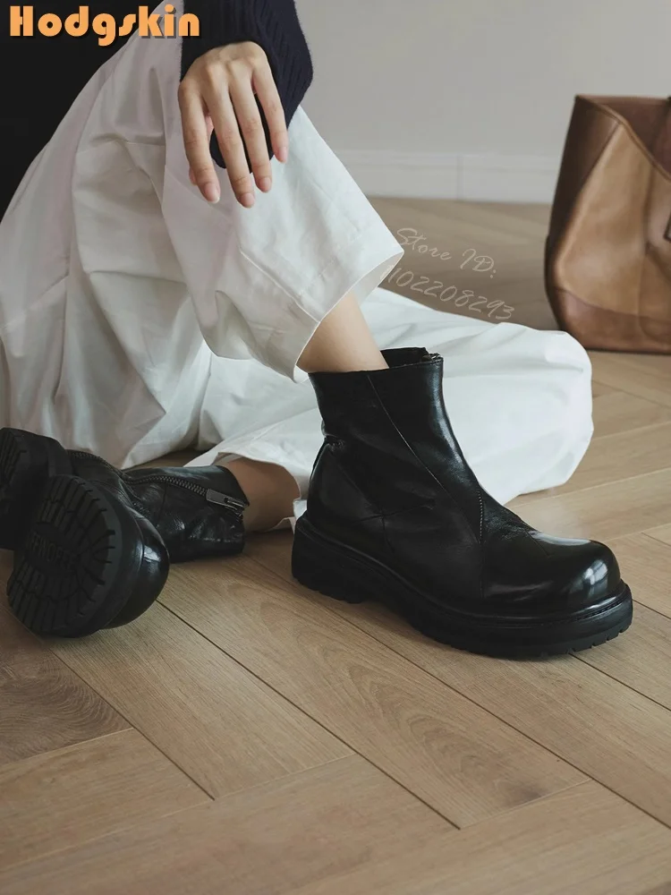

Punk Pleated Ankle Boots Black Big Round Toe Platform Short Boots British Style Side Zipper Leather Fashion Shoes 2025 Women New