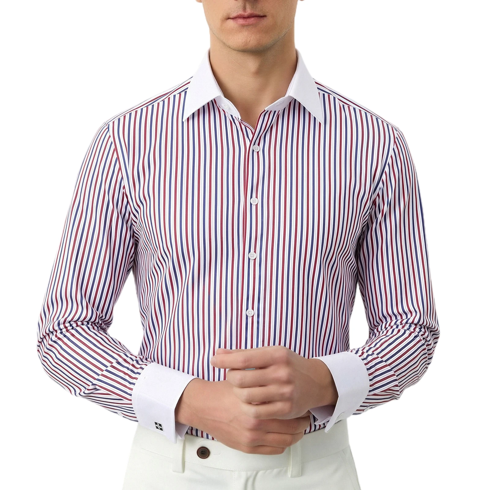 Men's Contrast Striped French Cuff Dress Shirt without Pocket Formal Business Long Sleeve Standard-fit Wedding Party Shirts