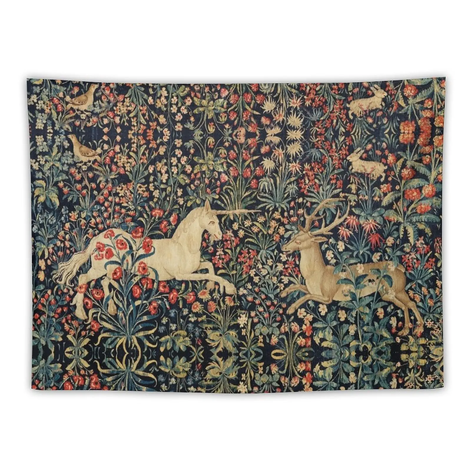 UNICORN AND DEER AMONG FLOWERS, FOREST ANIMALS FLEMISH FLORAL Tapestry Mushroom Tapestry Room Decorations