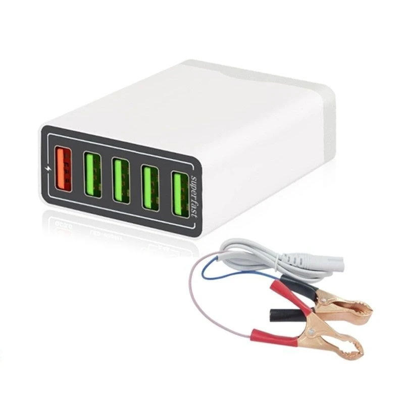 Portable Direct Current Converter with Battery Clip, 12V/24V to 5V 5Port USB Charging Multiport Power Adapter