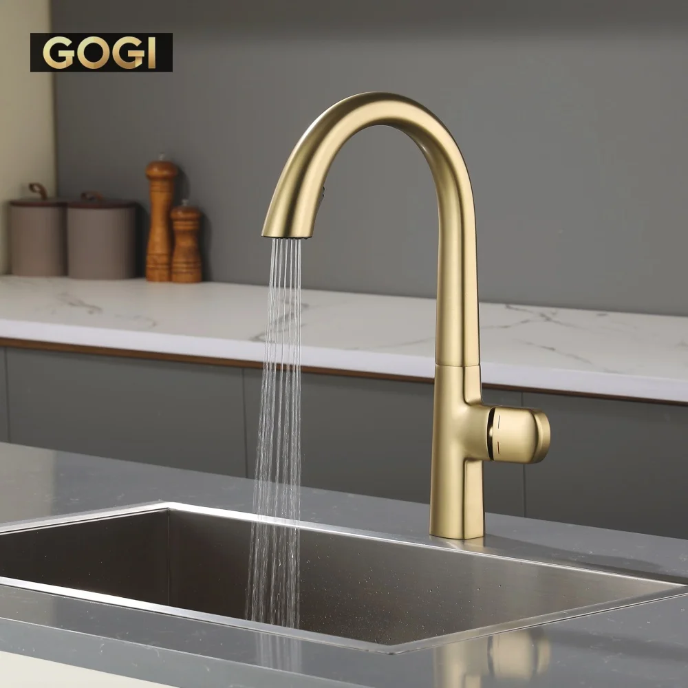 GOGI Brushed Gold Solid Brass Kitchen Mixer Tap 360 Degree Rotatable Pull‑Out Sprayer Ceramic Cartridge 2 Flow Modes Hot Cold Si