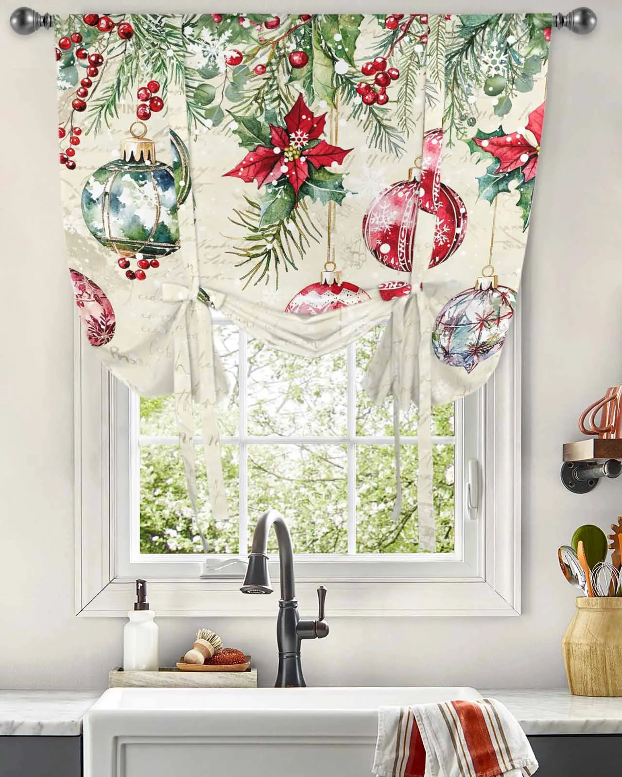 Poinsettia Berries Christmas Balls Snowflakes Short Balloon Curtain Tie Up Valance Home Bedroom Kitchen Decor Window Curtain