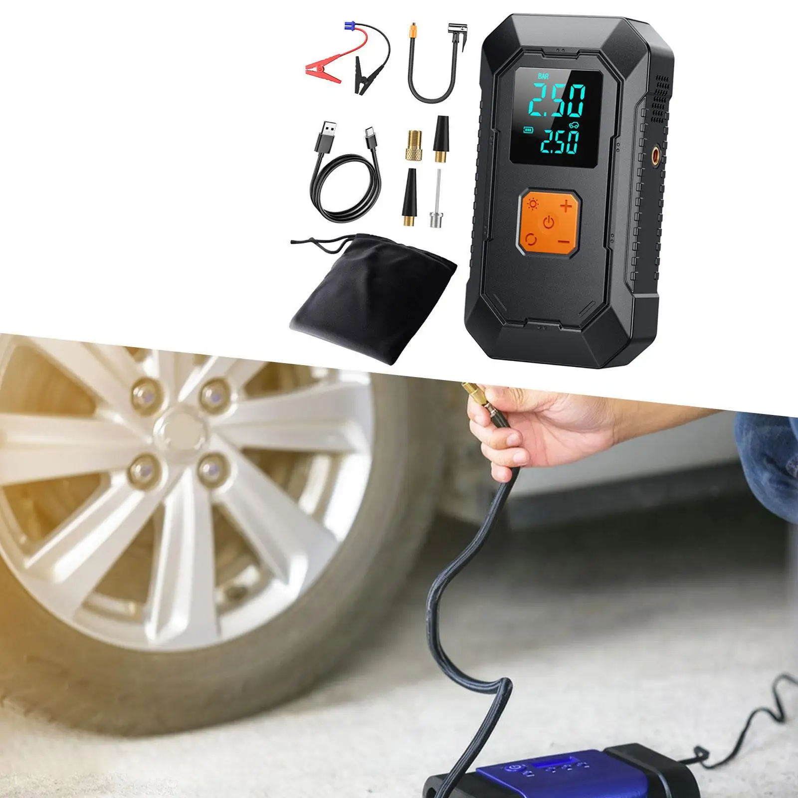 

Professional 4 in 1 Car Jump Starter with Air Pump Portable Emergency Power Supply Auto Tire Inflator & Electric Air Pump Kit