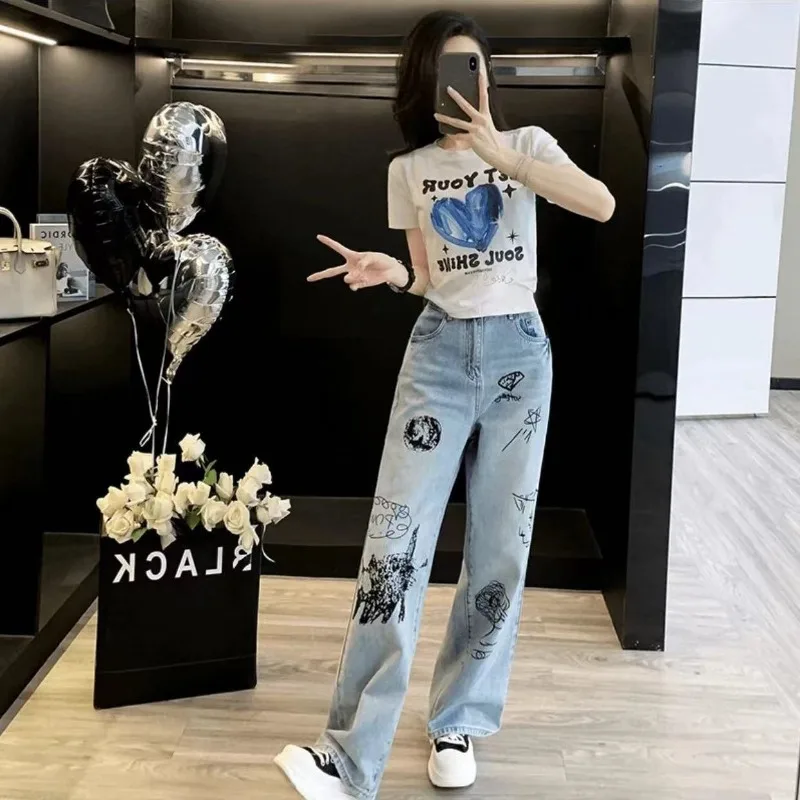 

jeans for womanSummer Lightweight Straight Jeans for Women, American High Street Retro Graffiti Loose High Waist Wide Leg Pants