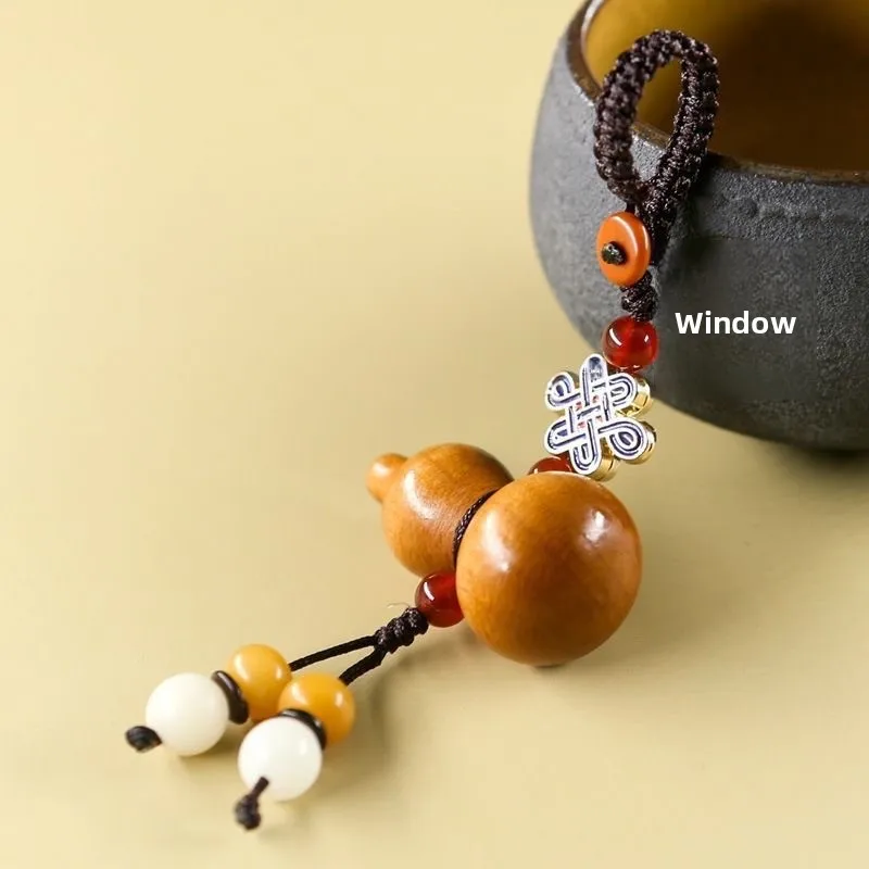 Hand Woven Natural Peach Wood Gourd Keychain Agate Bodhi Chinese Knot Bag Charm Car Hanging Ornament Red Green Bead Two Styles