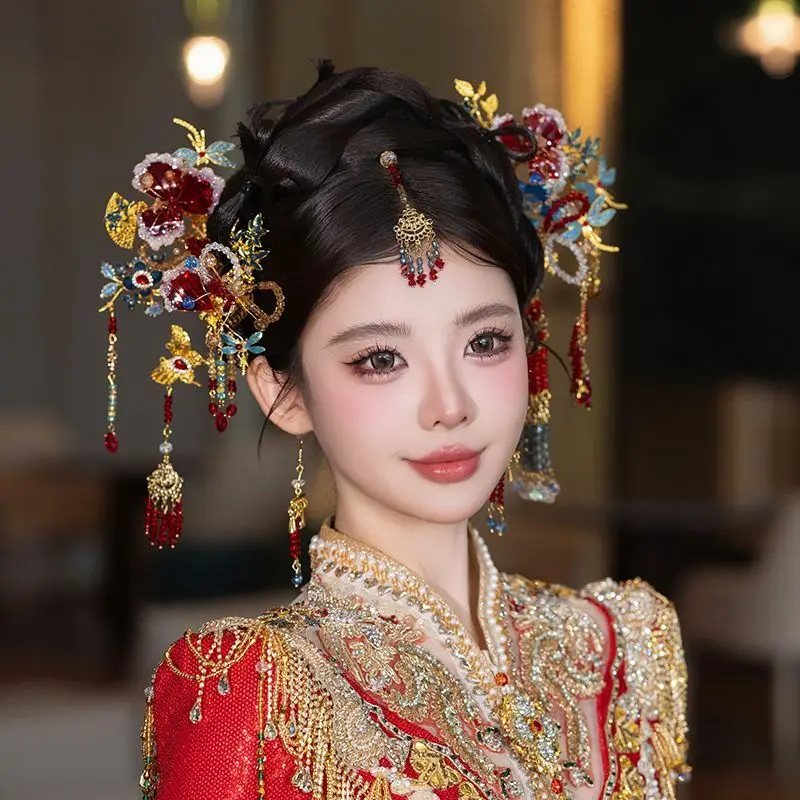 

Chinese Retro Red And Blue Glass Flower Xiuhe Headpiece Classic Bridal Wedding Dress Accessory