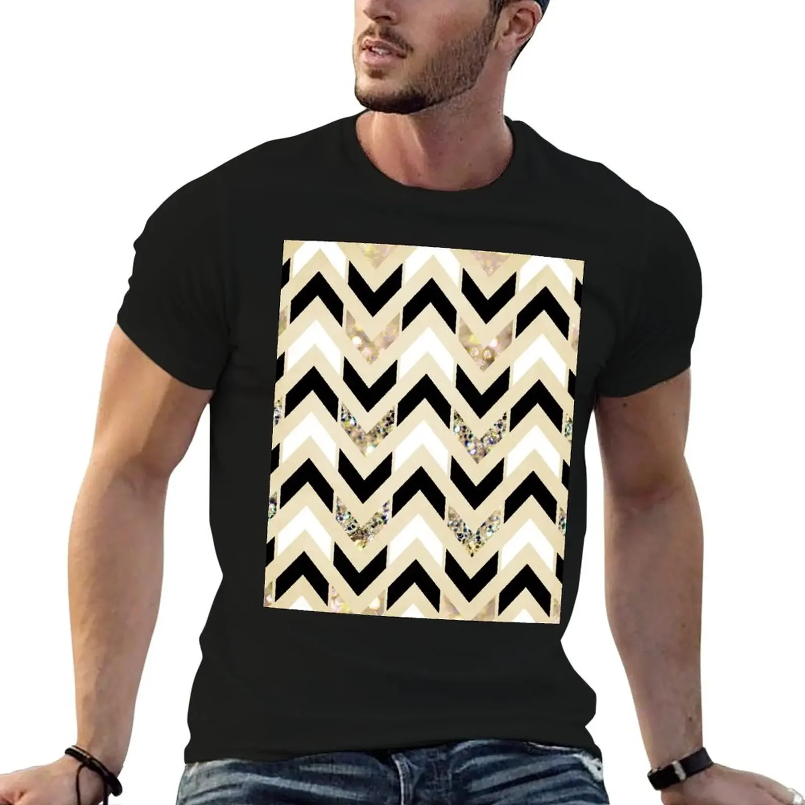 

Black, White & Gold Glitter Herringbone Chevron on Nude Cream T-Shirt Aesthetic clothing cute clothes oversized t shirt men