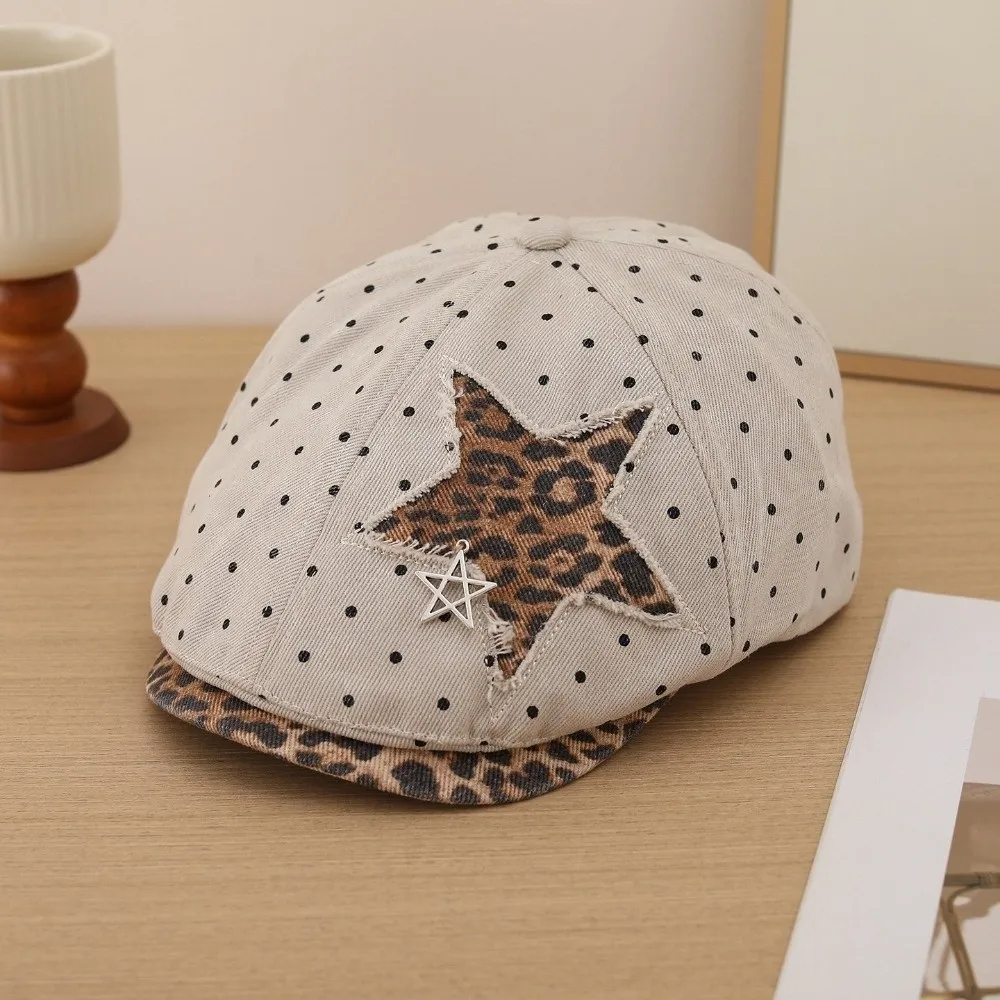 Unisex-Beret mit Stern- und Leopardenmuster, verstellbare Retro-Newsboy-Mütze, Y2K-Baseballkappe mit Polka-Dot-Muster, weiche Baseballmütze für die Arbeit – Detail 9