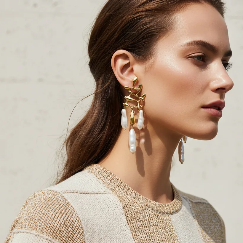 Fashion high sense hollow leaf imitation pearl earrings light luxury exquisite special-shaped baroque pearl earrings