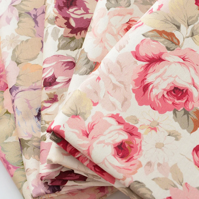 Rose Fabric Retro Flower Cotton Digital Printing for Sewing Dress Clothes DIY Handmade by Half Meter