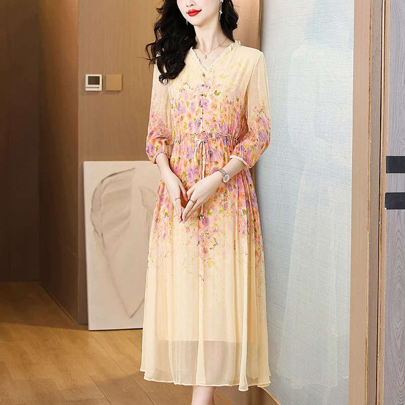 2025, Frühlingsurlaub, Boho, Strandurlaub, Maxi-Kleid für Damen, Vintage-Druck, eleganter Abend, Abschlussball, Sommer, luxuriöses Seiden-Midikleid