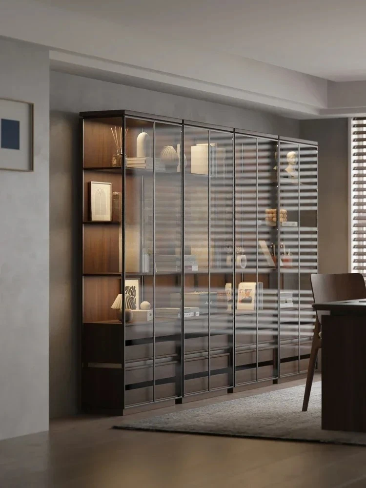 

2003Solid Wood Floor Bookcase Black Walnut Display Cabinet Made of Glass Entire Wall Living Room Tea Set Assembled Cabinet