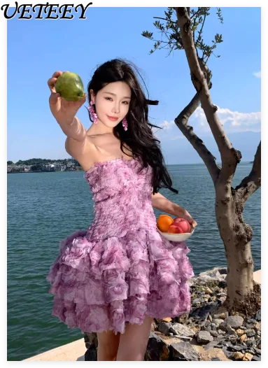 Fairy Sweet Princess 3D Flower Strapless Short Dress 2026 Spring Summer New Sexy Hot Girls High Waist Slim Fit Puffy Dress Party