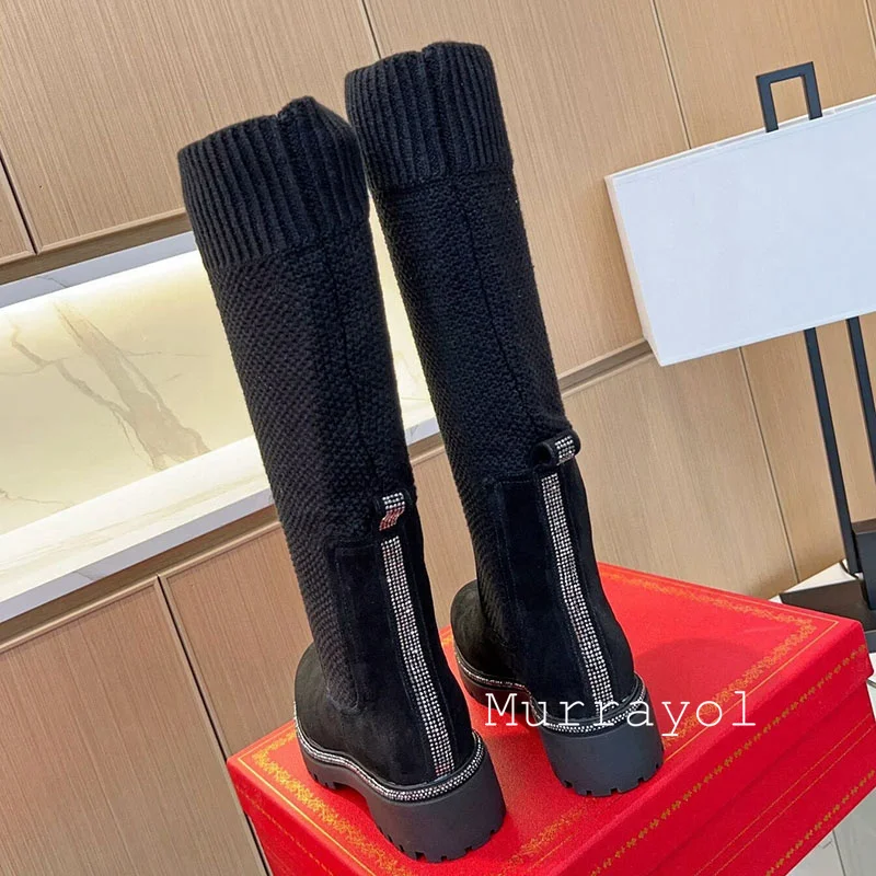 Knee High Boots Autumn Winter Suede Flat Thick Sole Sock Boots Women Round Toe String Bead Knitted Elasticity Long Booties view 3