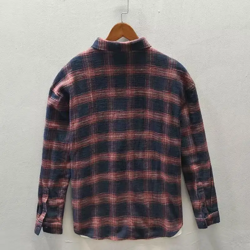 2026 Spring/Autumn New Checkered Casual Shirt Jacket Top 100% Cotton Fabric Heavy Weight Retro Long Sleeve Shirt Loose
