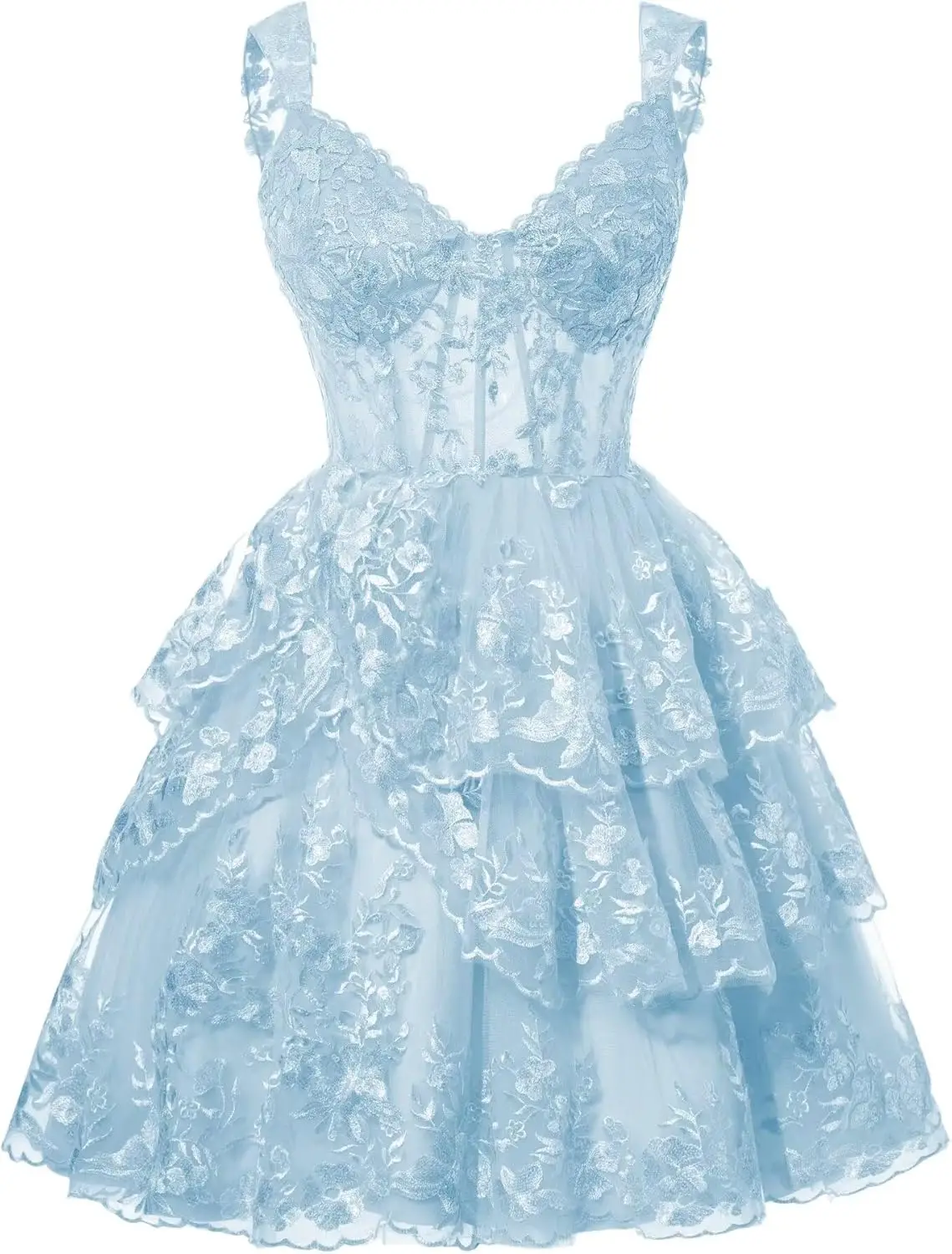 

Sparkly Tiered Lace Homecoming Dresses Corset for Teens Spaghetti Straps Puffy Short Prom Cocktail Gowns Above Knee , Mini