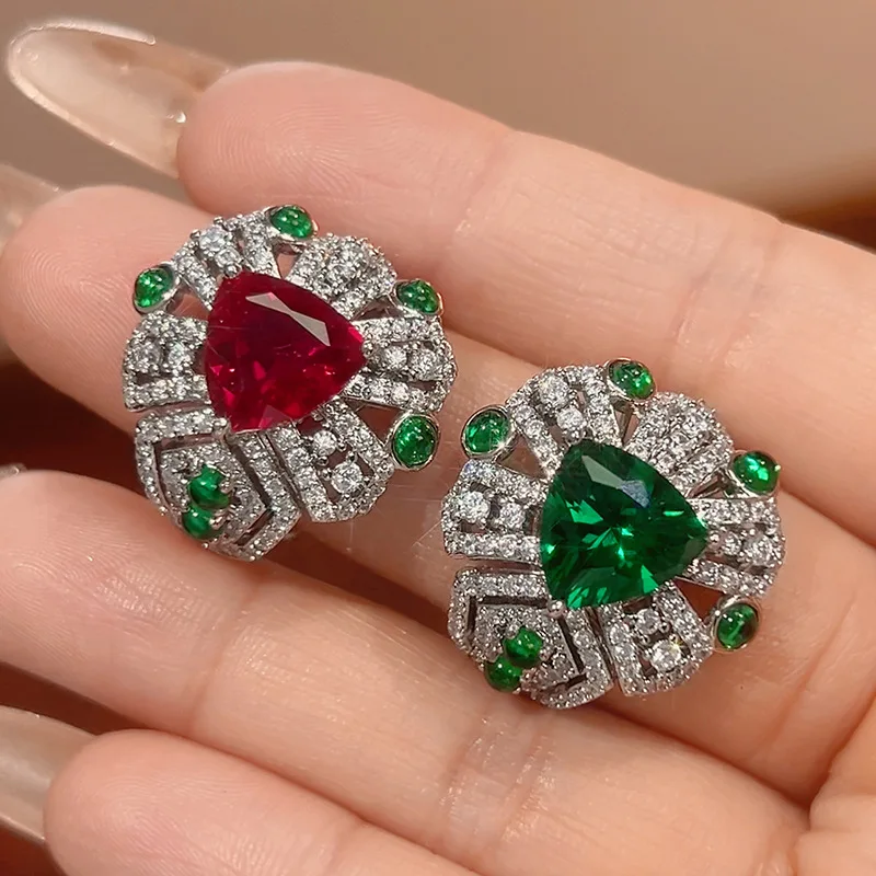 

Adjustable Ring with Triangular Cut Red Green Gemstones Vintage Inspired Design Sparkling CZ Accents Women's Statement Jewelry