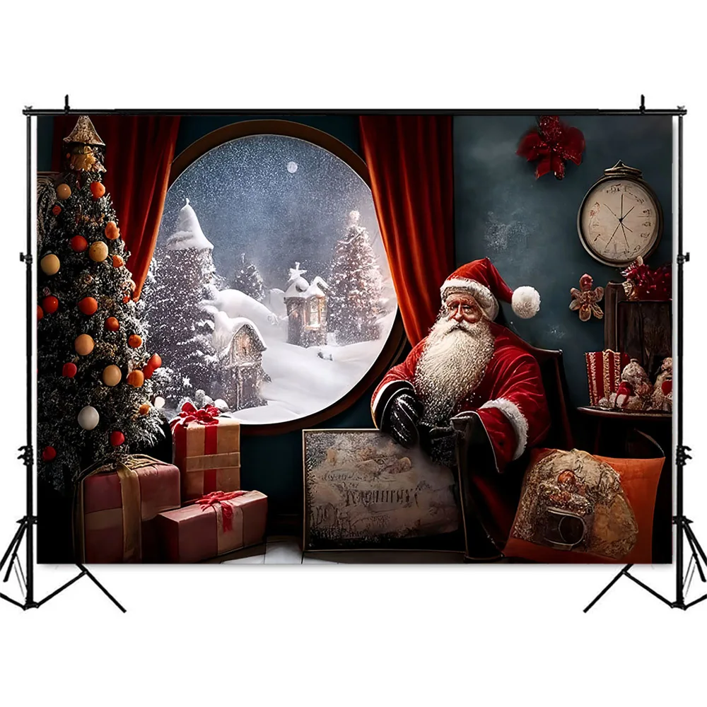 Santa Claus Christmas Background for Photography Winter Scene Windows Photo Booth Bckdrop for Photo Studio Kids Portrait Banner