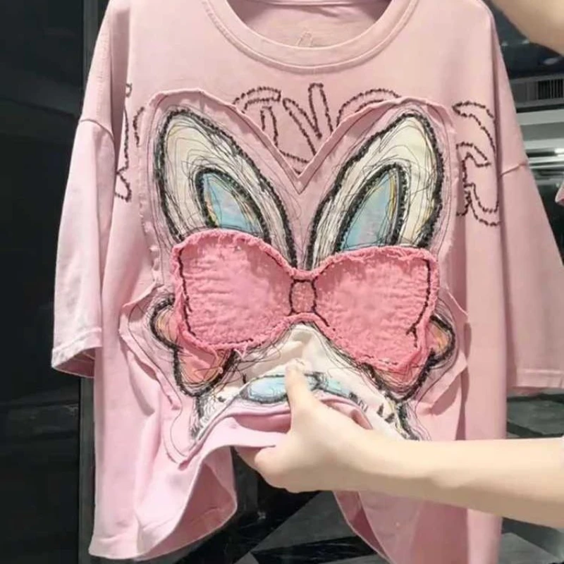 Heavy-duty Fabric Printed Short Sleeved T-shirt for Women 2026 Summer Fashionable Slimming Meat Blocking Versatile Top for Women