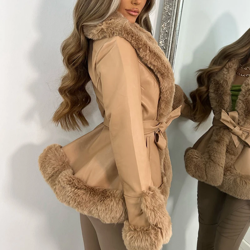 Manteau en Faux Cuir PU pour Femme, Cardigan Chaud avec Ceinture, Patchwork, Fourrure en Peluche, Élégant, Vintage, Chic, Veste d\'Hiver, Vêtements