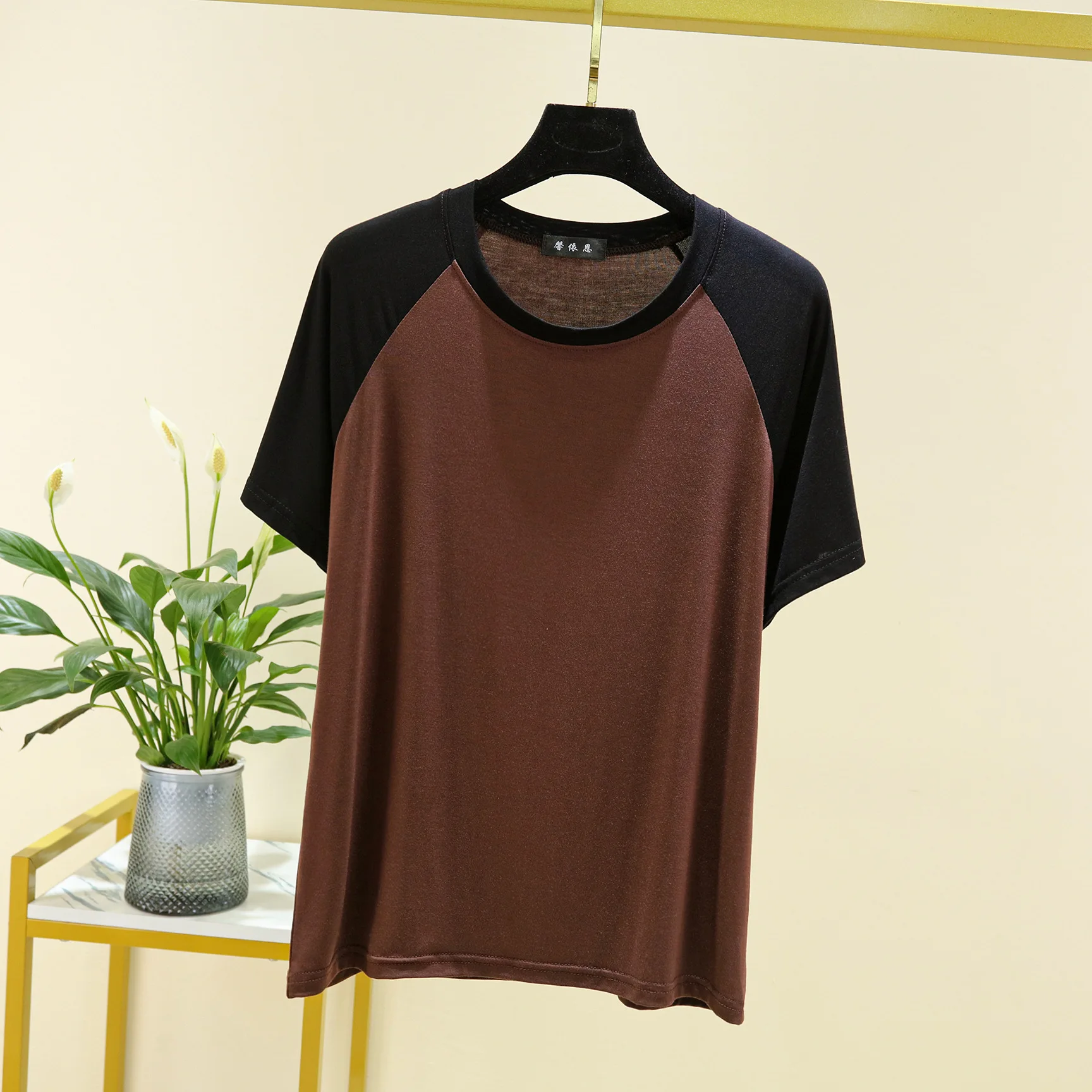 Women Modal raglan sleeve Tshirt O-Neck Contrast Color Casual Loose tee tops 2 color spliced T-shirt streetwear base shirt