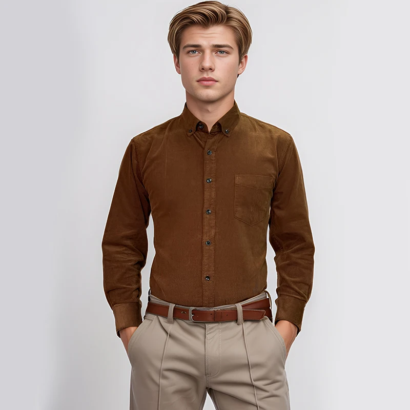 Camisa de pana de gran tamaño para hombre, ropa informal de manga larga, algodón, cómoda, suave, cuello abotonado, marrón