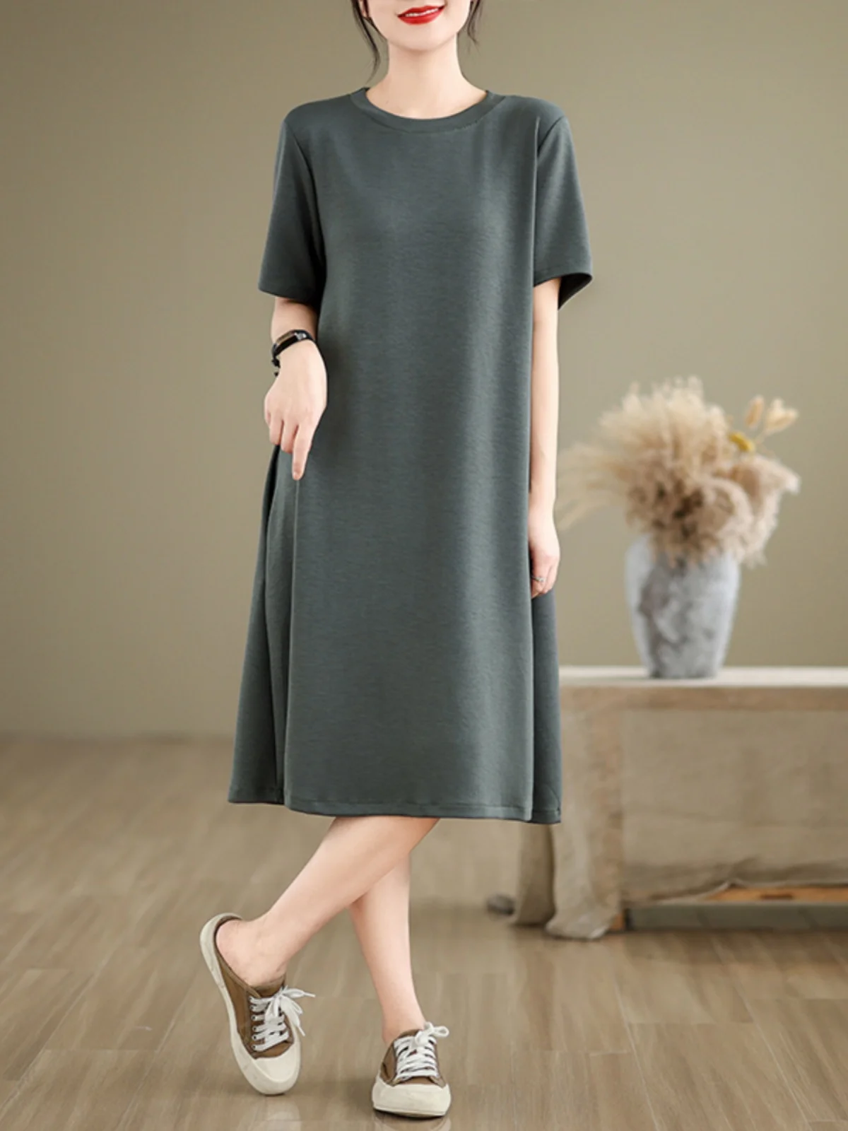 Été nouveau ey t-shirt style décontracté Dr femmes taille haute coton jupe mi-longue effet minceur Faionable een couleur dame Sle