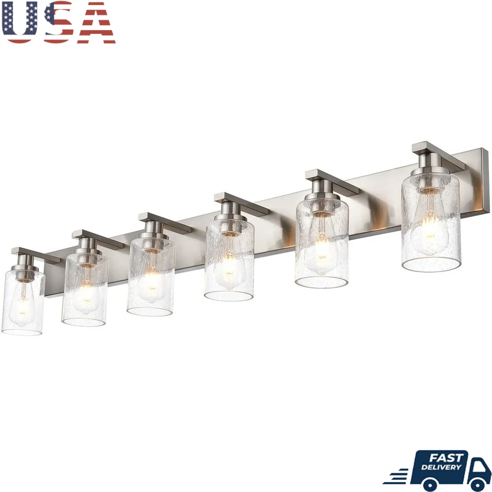 Industrial 6-Light Vanity Light Fixture with Seeded Glass Shades Wall Mount Bathroom Lighting