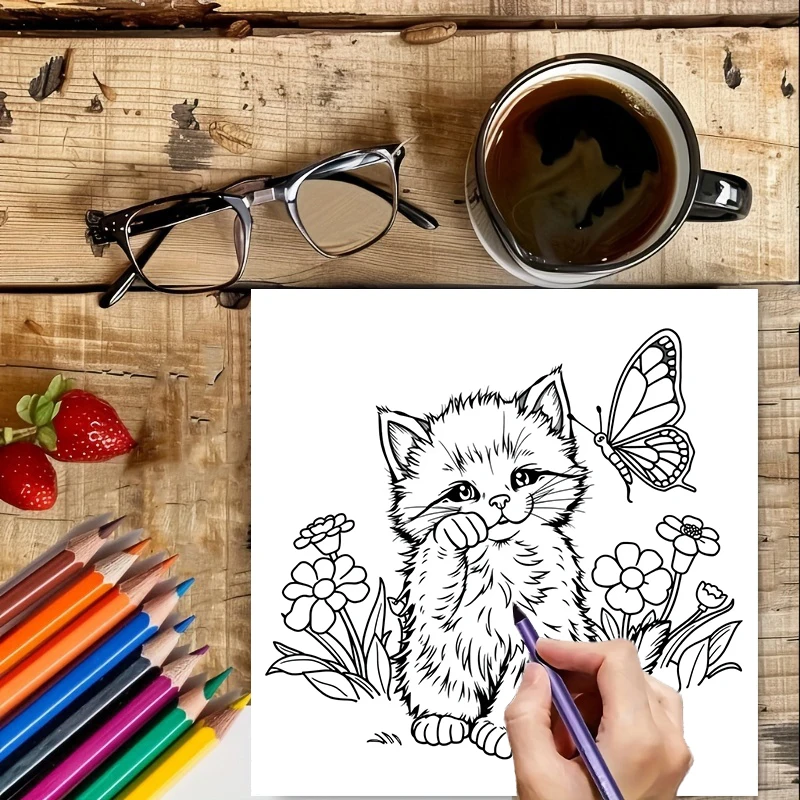 Libro para colorear original de 28 páginas para cachorros y gatitos, libro para colorear para adultos, suministros de dibujo para Navidad, Acción de Gracias