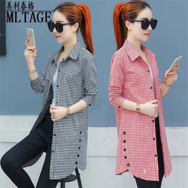 Women's Long Plaid Shirt Ladies Jacket 2025 Spring Summer New Korean Coat Long Sleeve Loose Bottoming Shirt Female Fashion Tops