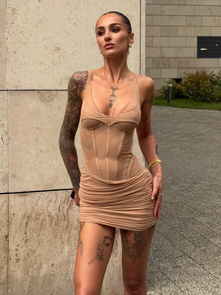 Schickes Einfarbiges Ärmelloses Bodycon-Minikleid Sexy V-Ausschnitt Plissierter Taille Fischgrätenrock Trendiges Sommer-Party-Club-Urlaubskleid – Detail 2